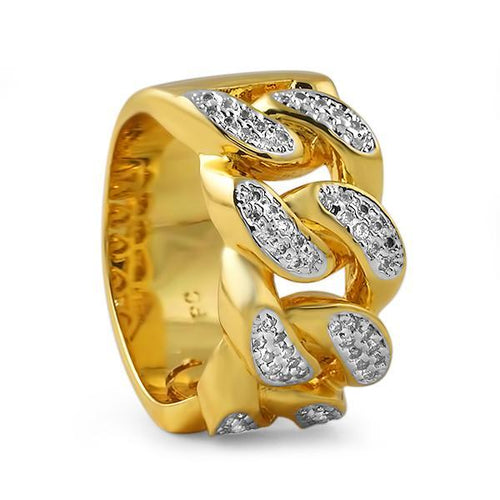 .925 Sterling Silver Gold Cuban Link Iced Out Bling Ring