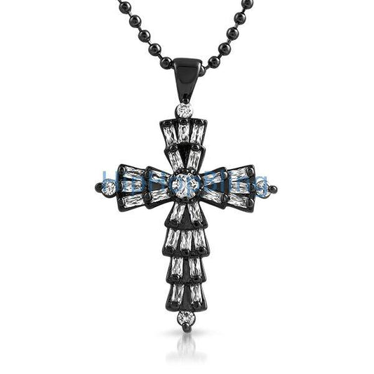 Custom Baguette Cross White CZ on Black